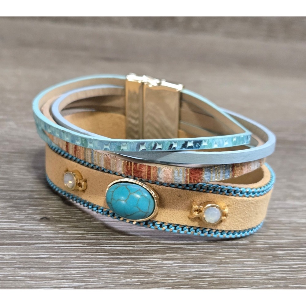 Turquoise Multi-Strand Wrap Bracelet Tan Suede Boho Gold Magnetic Clasp Blue S8